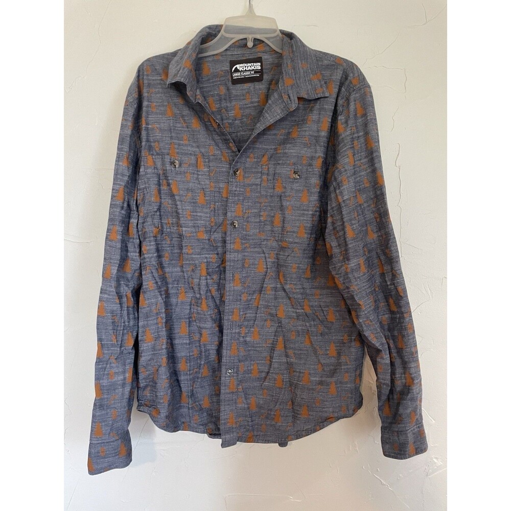 Mountain Khakis Men's Blue Ax Tree Button Up Long Sleeve Shirt Size Large Classi
